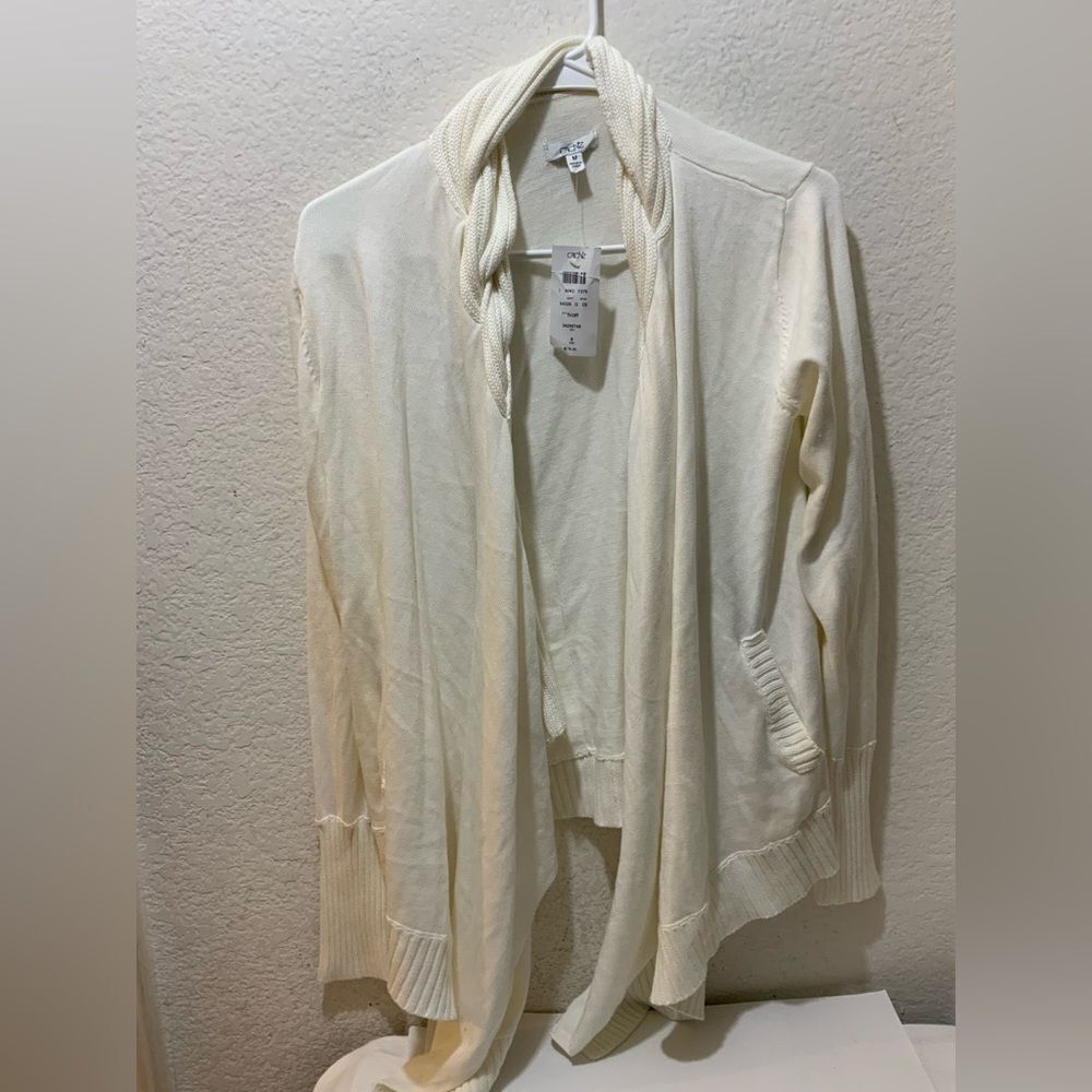 Cache Open Front Cardigan Sweater Cotton Modal Cashmere Women's M Ivory Cream